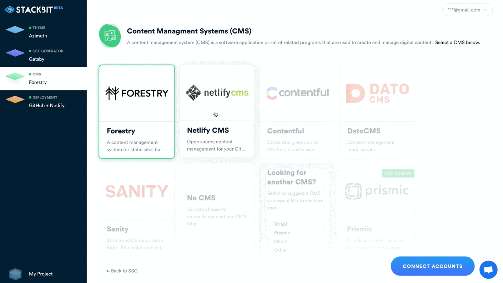 image showing selection screen for content management systems in Stackbit